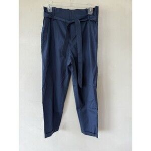 Vilagallo Women’s 42 Paper Bag Pants Ankle Navy Blue Tie Straight Tapered Leg